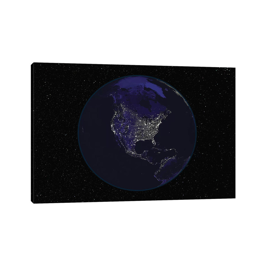 Full Earth At Night Showing City Lights Centered On North America by Stocktrek Images - Gallery-Wrapped Canvas GiclÃ©e on Canvas