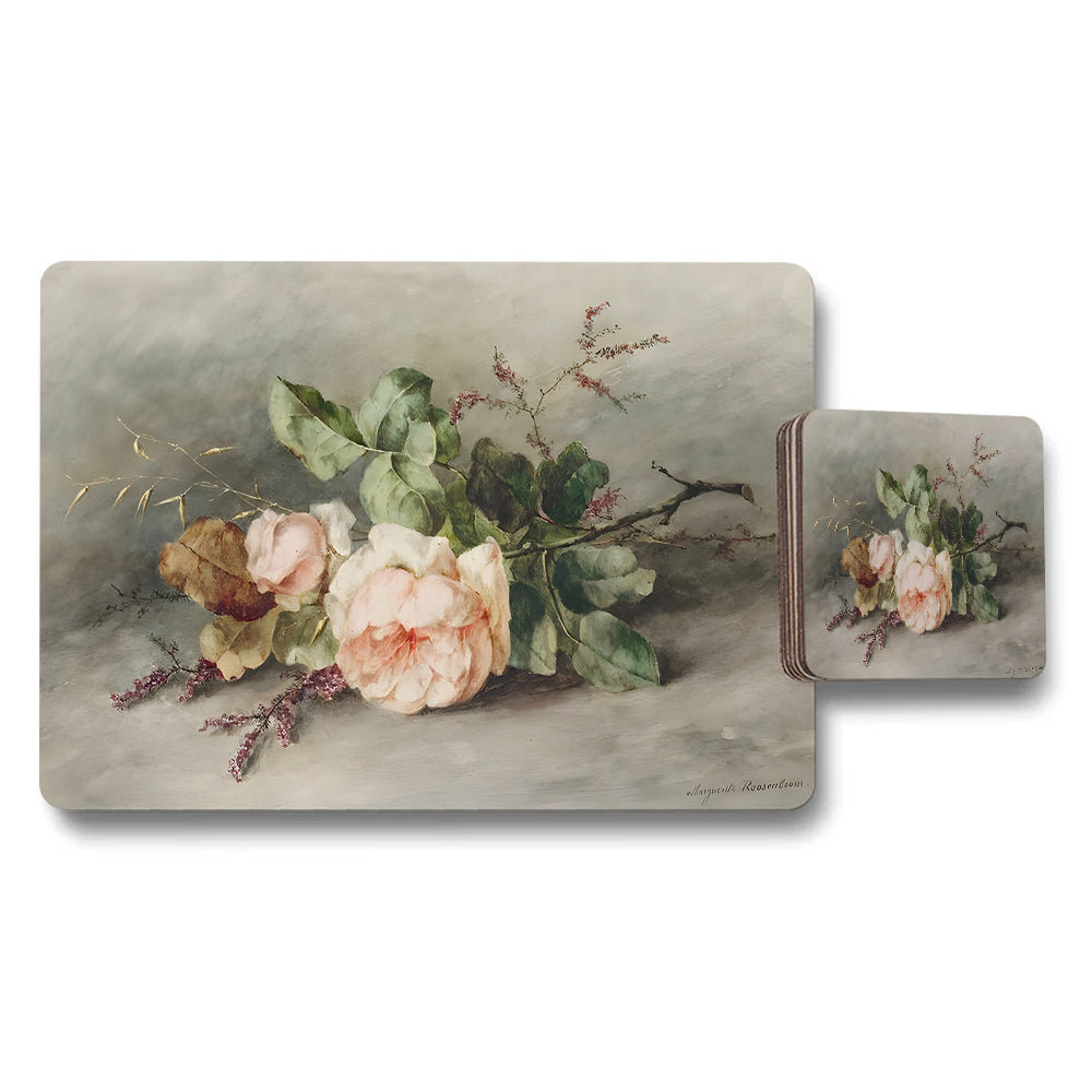 Elegant Floral Placemat And Coaster Set With Pink Roses Artwork