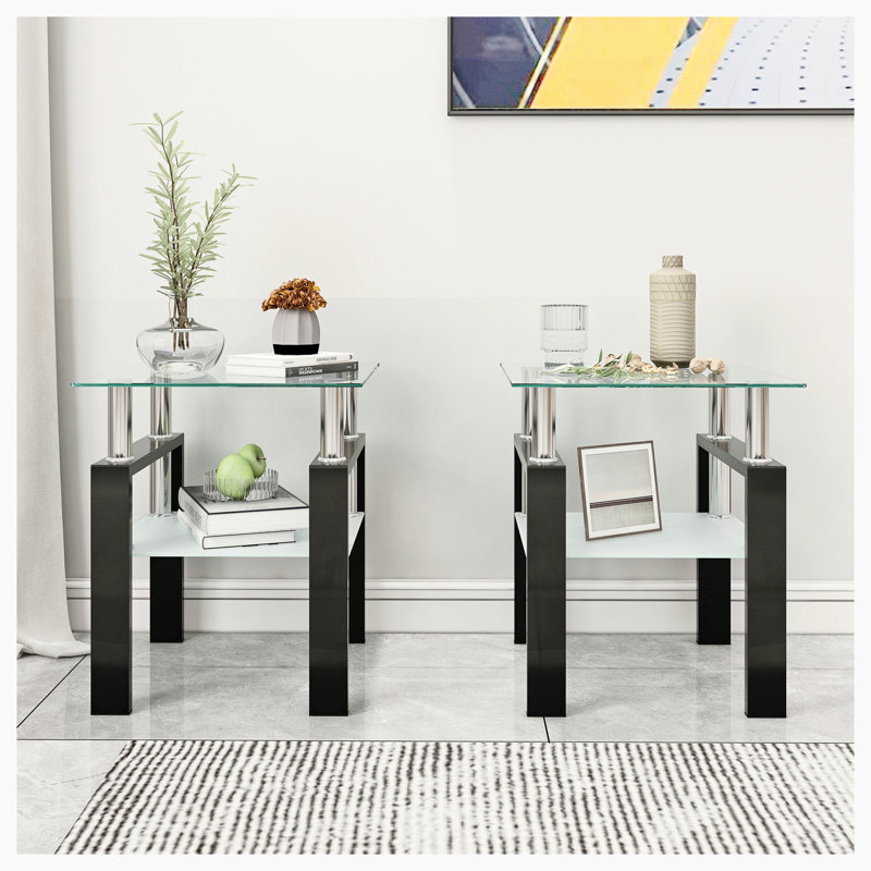 3-Piece Coffee Table,Square Glass Tea Table, Transparent/Black