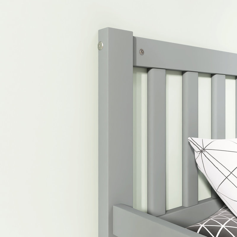 Lit plateforme en bois avec garde-corps et deux tiroirs de rangement, Gris