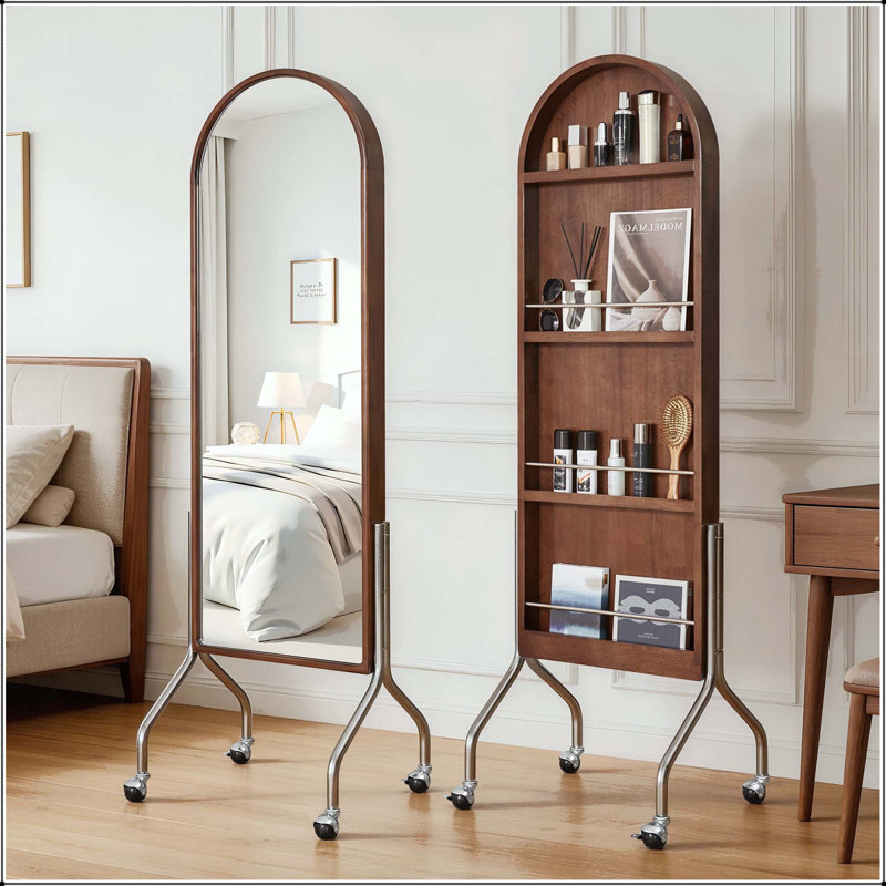 Arched Full Length Mirror with Storage Shelves and Rolling Wheels