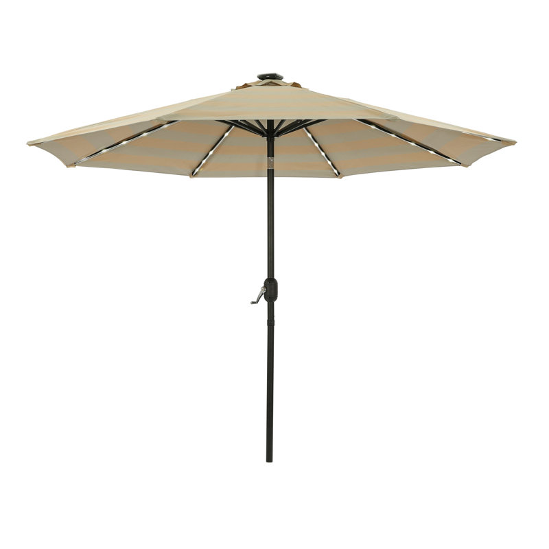 Parasol pour îlot de patio octogonal 11 pi avec manivelle, inclinaison à bouton-poussoir, mât en aluminium antirouille, cadre à 8 baleines, lumières à DEL solaires et auvent Breez-Tex Weather-Res - champagne et taupe