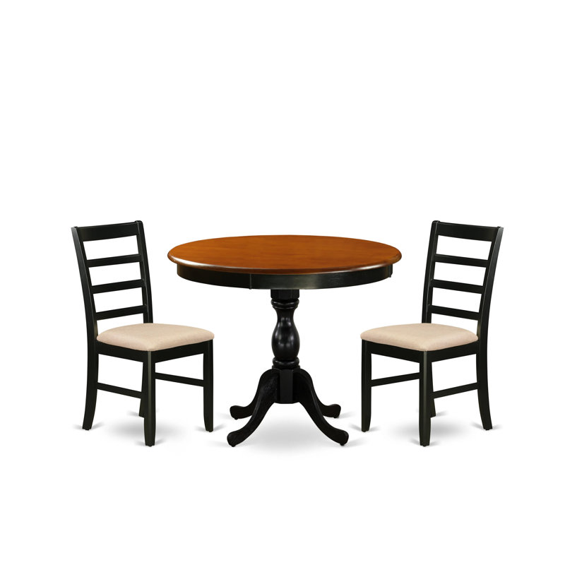 Ensemble de table de salle à manger moderne 3 pièces comprenant une table de cuisine ronde et 2 chaises de salle à manger en tissu de lin avec dossier échelle - Finition noire