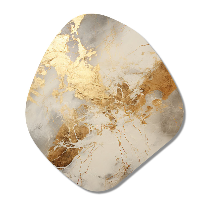 Beige et or marbré foudre III - formes abstraites uniques, décoration murale en métal, H 35 po x l 31 po