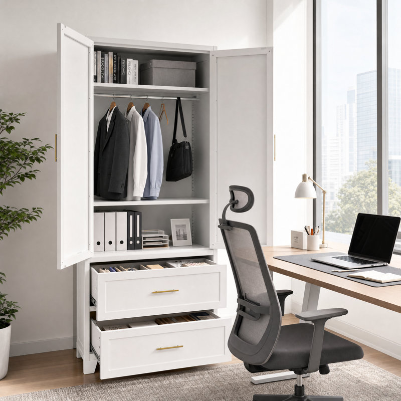 Armoire de rangement en acier 71 po avec 2 tiroirs et barre à vêtements, blanc éclatant, 71 pouces, Blanc brillant