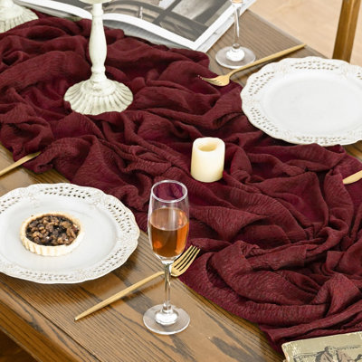Wine Red Boho Gauze Wedding Cheesecloth Table Runner 300 cm | Christmas Seasonal Valentine's Day Bridal Fabric Kitchen Dining Holiday Table Decor for Home Party