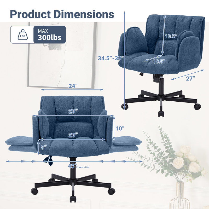 Criss Cross Office Chair with 6-Gear Adjustable Armrests, Wide Seat Fabric Desk Chair with Wheels, Adjustable Lumbar Support, 300 lb Swivel Vanity Chair for Home Office, Makeup Room, Bedroom