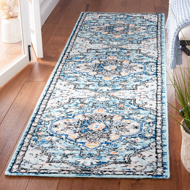 Tapis oriental bleu / gris en polypropylène / jute tissé à la machine Davod, Tapis de couloir 2 pi x 8 pi