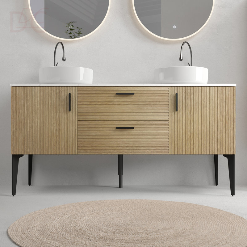 Meuble-lavabo 60 po en chêne naturel rayé avec lavabo en céramique, meuble-lavabo autoportant pour salle de bain moderne