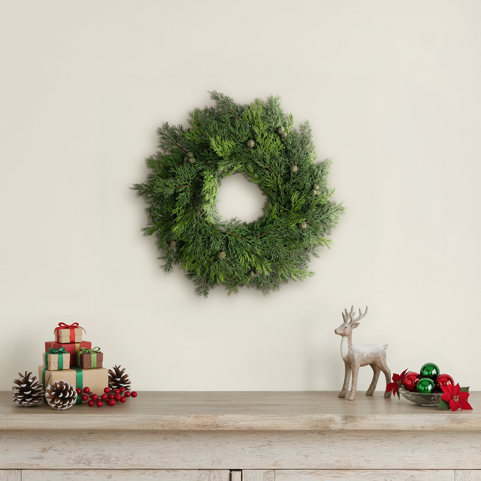 Artificial Pine and Berry Wreath, 19" H x 2.5" W x 19" D