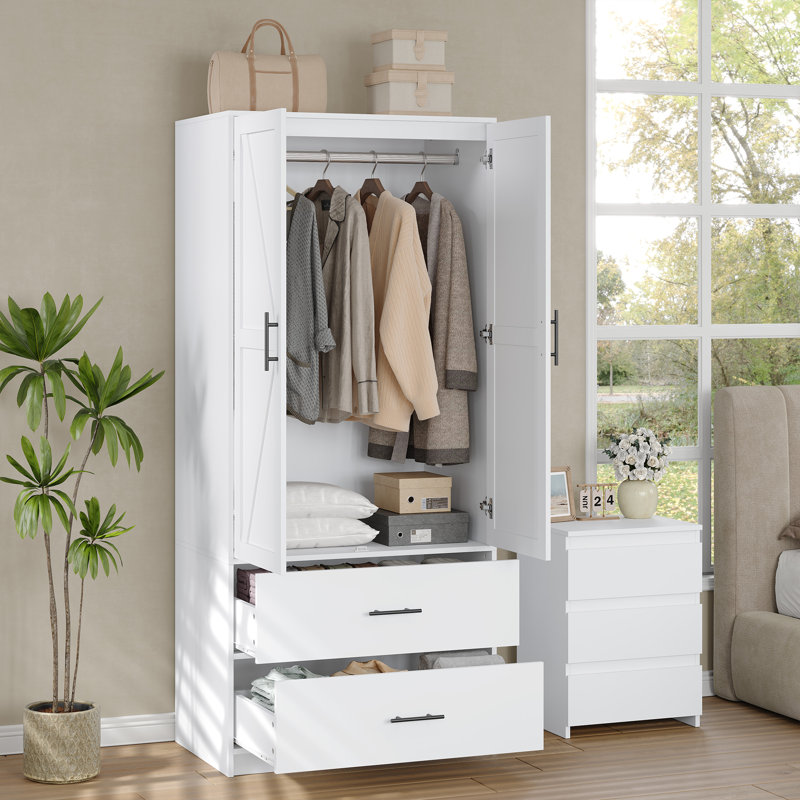 Armoire-penderie moderne de 180 cm avec tringle et 2 grands tiroirs pour chambre à coucher
