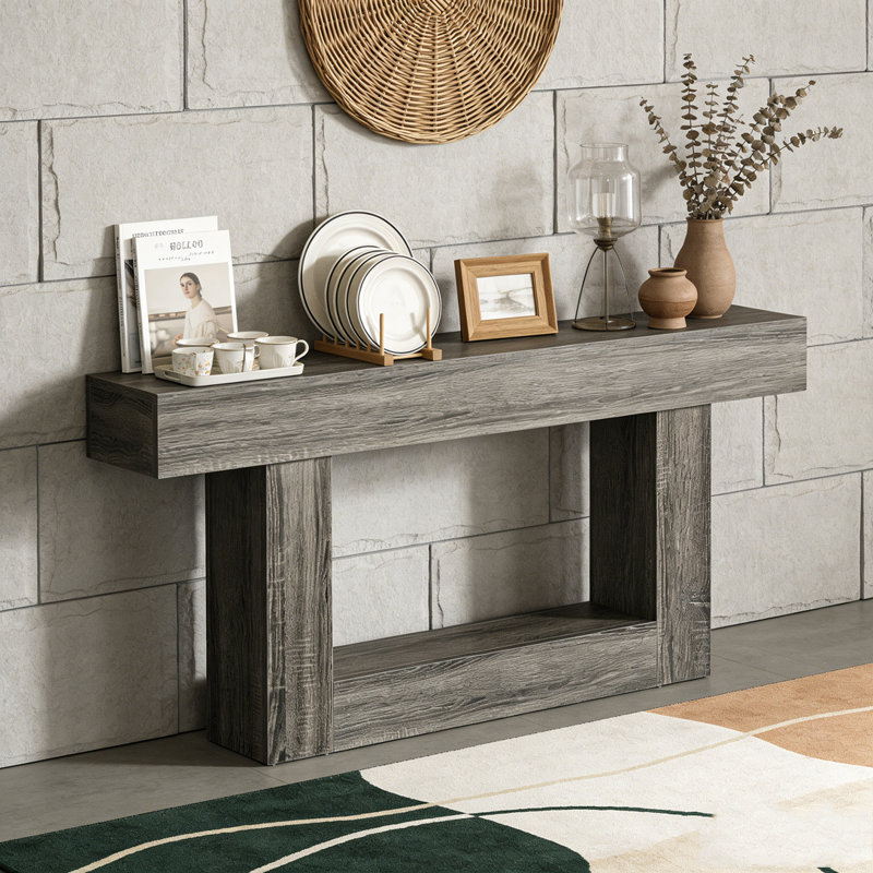 Wooden Farmhouse 2-Tier Sofa Entryway Table, Retro Gray