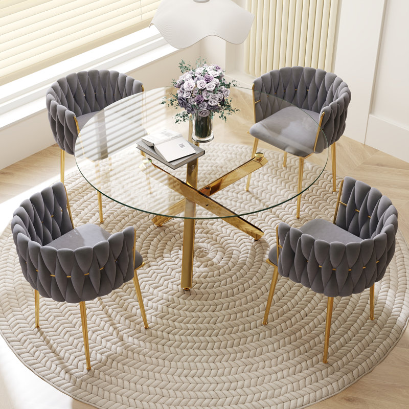 Ensemble de salle à manger Ayron, table de salle à manger avec pieds croisés et chaise de salle à manger en velours, Gris