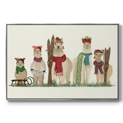 «Llama Family Winter Sports» - Toile tendue avec châssis de qualité supérieure - Prêt à être accroché
