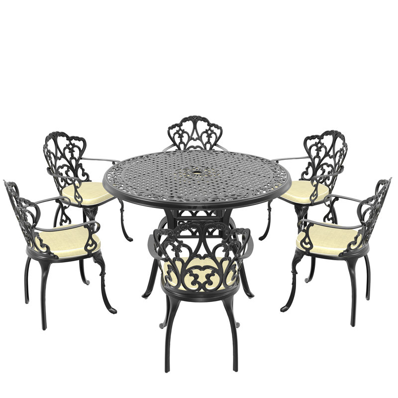 6-Person Black Cast Aluminum Outdoor Dining Set with Beige Cushions