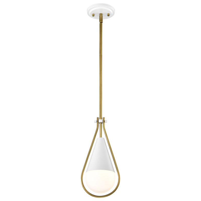 Luminaire suspendu en forme de larme à 1 lumière Marnix, H 53 po x l 6,5 po x P 6,5 po, Blanc mat / laiton naturel