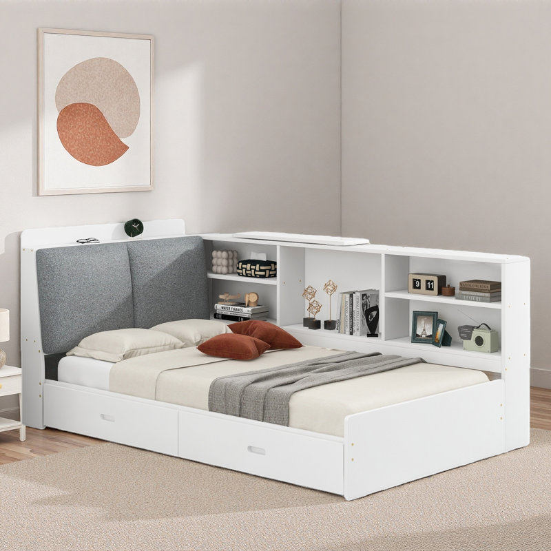 Lit plateforme avec 2 tiroirs, tablettes de rangement, tête de lit tapissier et plateau de rangement rotatif, Lit simple
