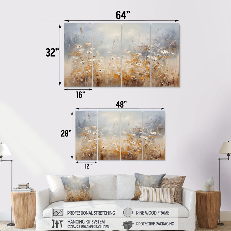 Beige et gris Meadows Breeze - ensemble de 4 décorations murales Meadow, H 28 po x l 48 po