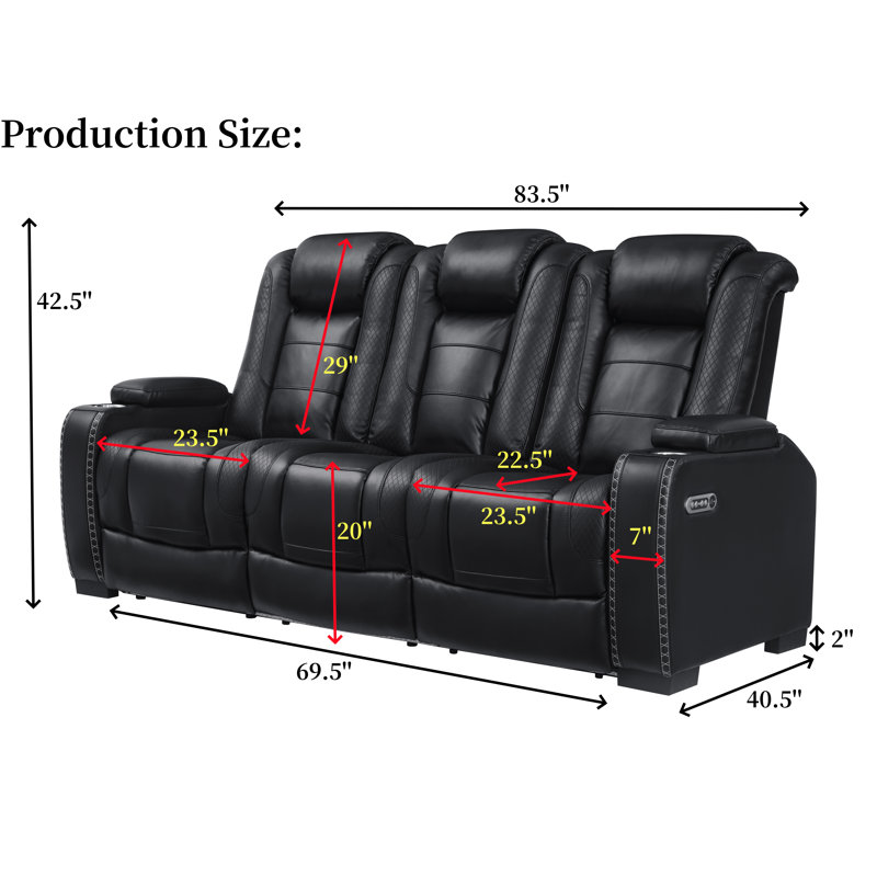 83.5''Wide Breathable Leather Square Arms Power Reclining Sofa With Reading Lights And Drop Down Table, Black Faux Leather