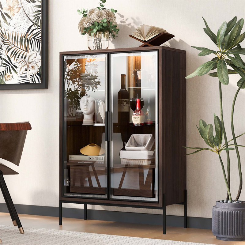 51.2'' Freestanding Display Cabinet With 2 Storage Drawers, Pantry With Glass Doors & LED Lighting, Curio Cabinet With 4-Tier Adjustable Shelves For Living Room, Kitchen, Office