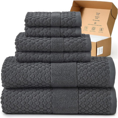 Ensemble de serviettes de bain 6 pièces de luxe, serviettes de bain 100% coton avec boucle suspendue (2 serviettes de bain, 2 serviettes à main, 2 débarbouillettes) Élégant, doux et absorbant pour la maison, l'hôtel, la salle de gym
