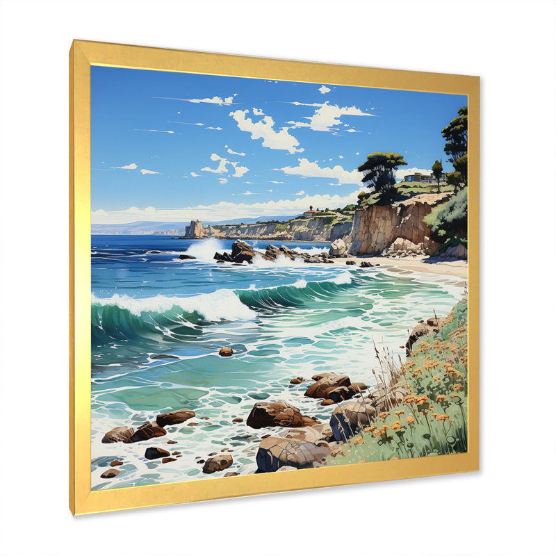 Plage contrastée pointillisme II, H 24 po x l 24 po x P 1 po, Cadre doré simple