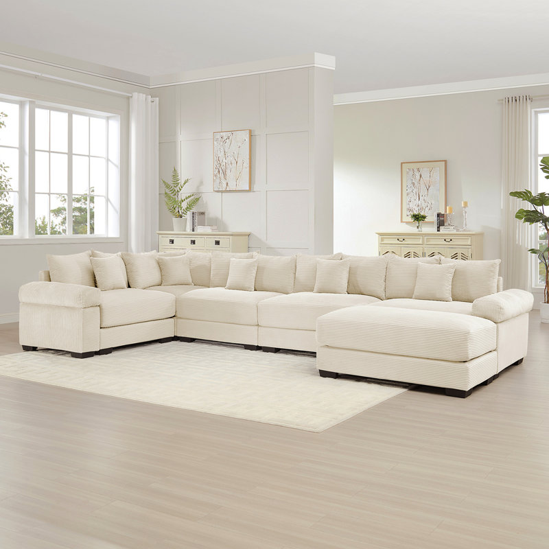 Canapé modulaire surdimensionné surdimensionné en nuage, canapé modulaire convertible, accoudoirs très larges avec repose-pieds, tissu en velours côtelé de qualité supérieure, conception ergonomique, assemblage facile, pour le salon, crème