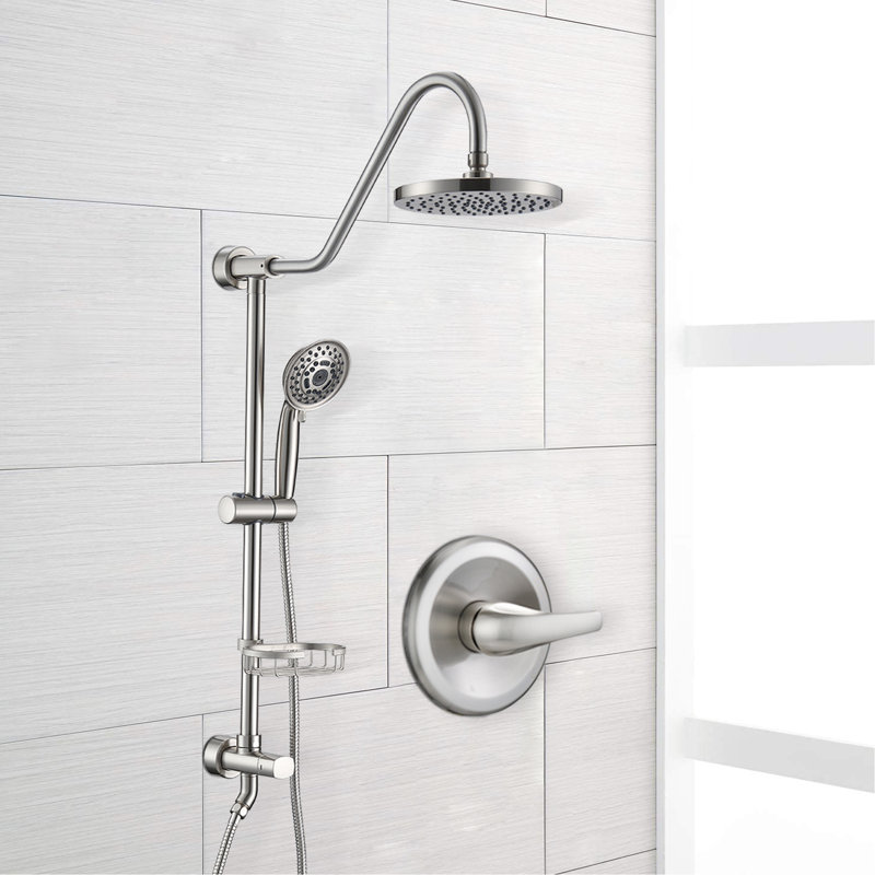 Brushed Nickel Shower Outfit With 8" Rainfall Head - Stylish Wall Mounted Appliance Brass Soap Dish Look, Brushed Nickel