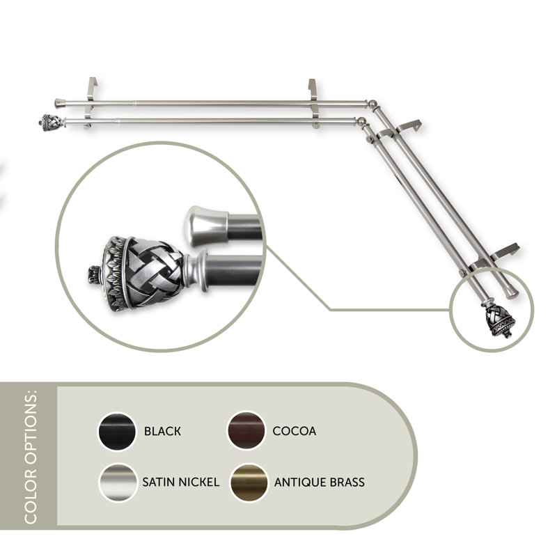 Ensemble de tringle à rideaux double et quincaillerie pour fenêtre en coin, H 120 po x l 70 po, Nickel satiné