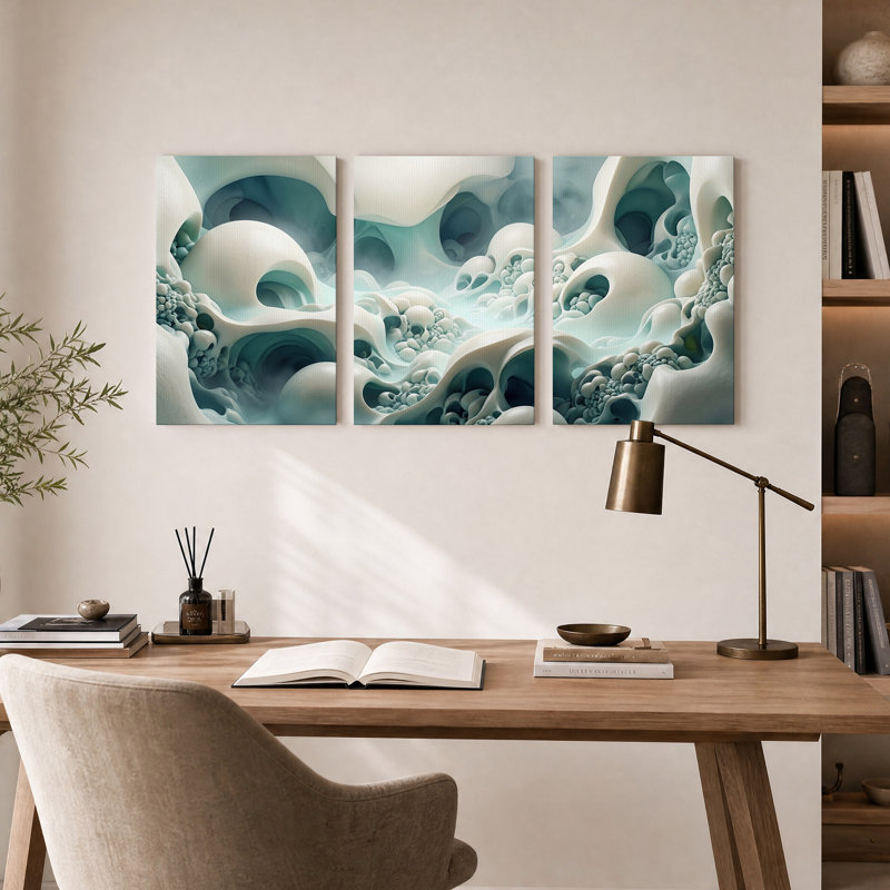 Ensemble de 3 toiles murales abstraites aux formes organiques 3D turquoise et blanches, 30"H x 20"W x 3pcs