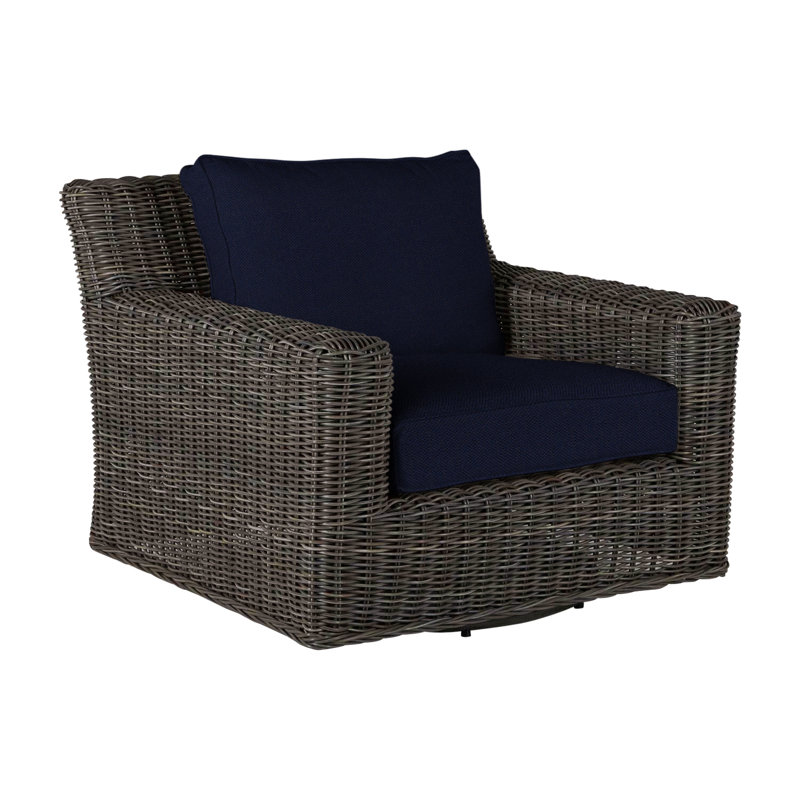 Rustic Patio Armchair with Cushions, Welt, Black Walnut, Linen Navy