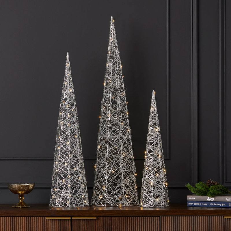 Metallic Silver 3pc Cone Set, Pre-Lit with Micro Warm White LED Lights, Battery Operated