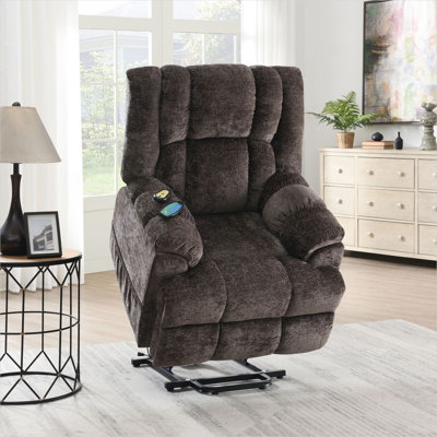 Fauteuil inclinable avec structure en métal, jumelant l'inclinaison à bouton-poussoir avec système de levage électrique en chenille brun de 42,2 kg et revêtement en velours