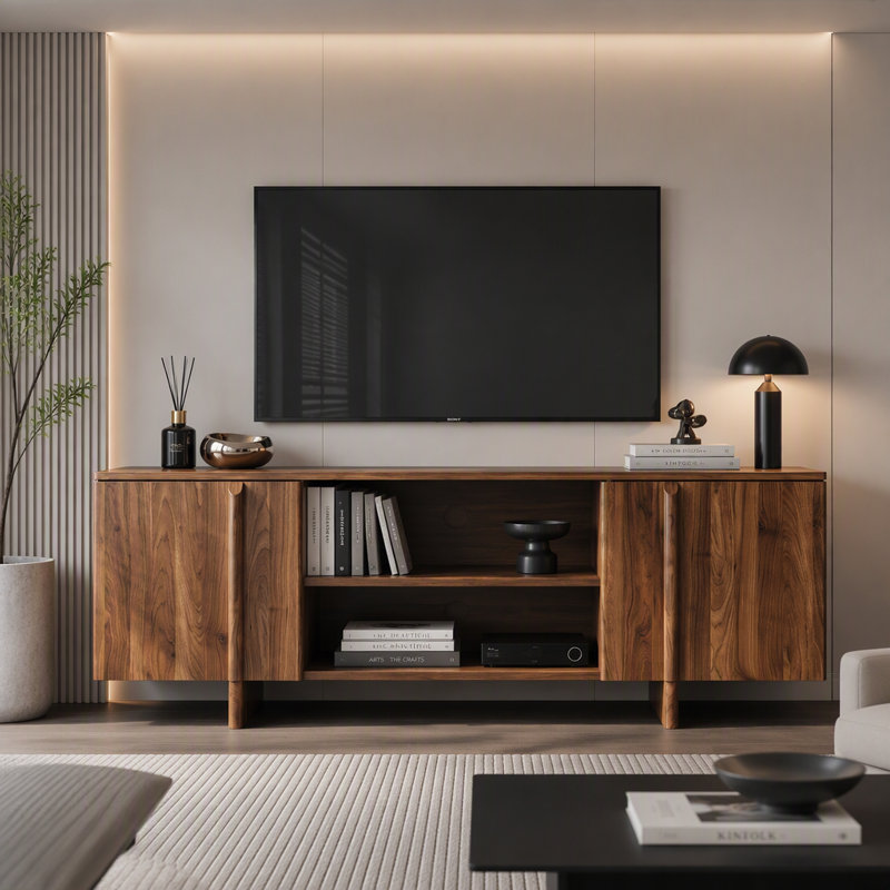 Meuble télé et meuble de rangement de style ferme moderne du milieu du siècle – Centre multimédia avec gestion des câbles, portes doubles et étagères ouvertes