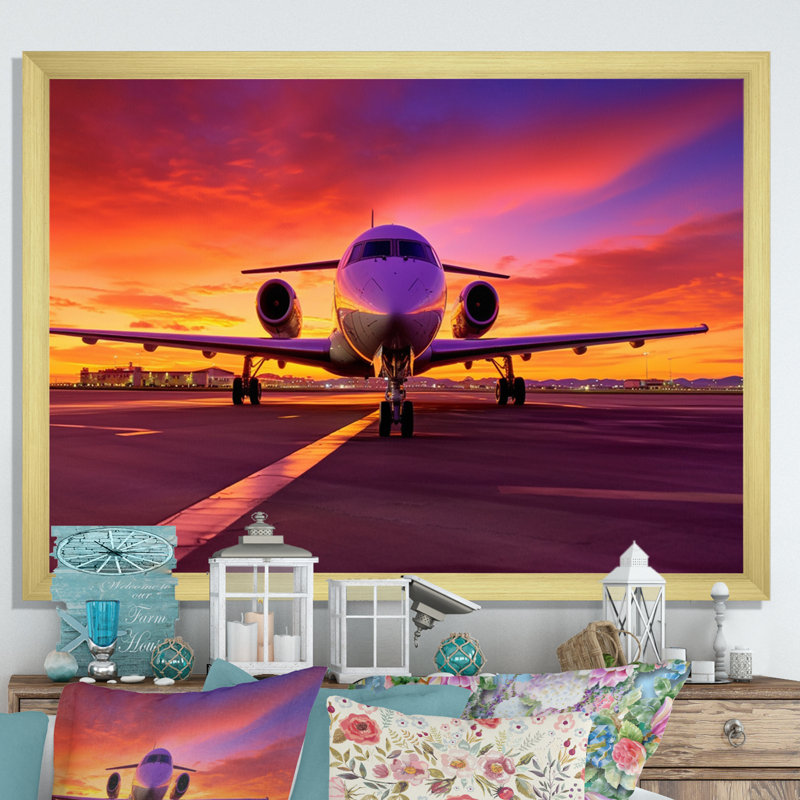 Avion au coucher du soleil I - Impressions sur toile transport, H 30 po x l 40 po x P 1,5 po, Cadre doré à une seule photo