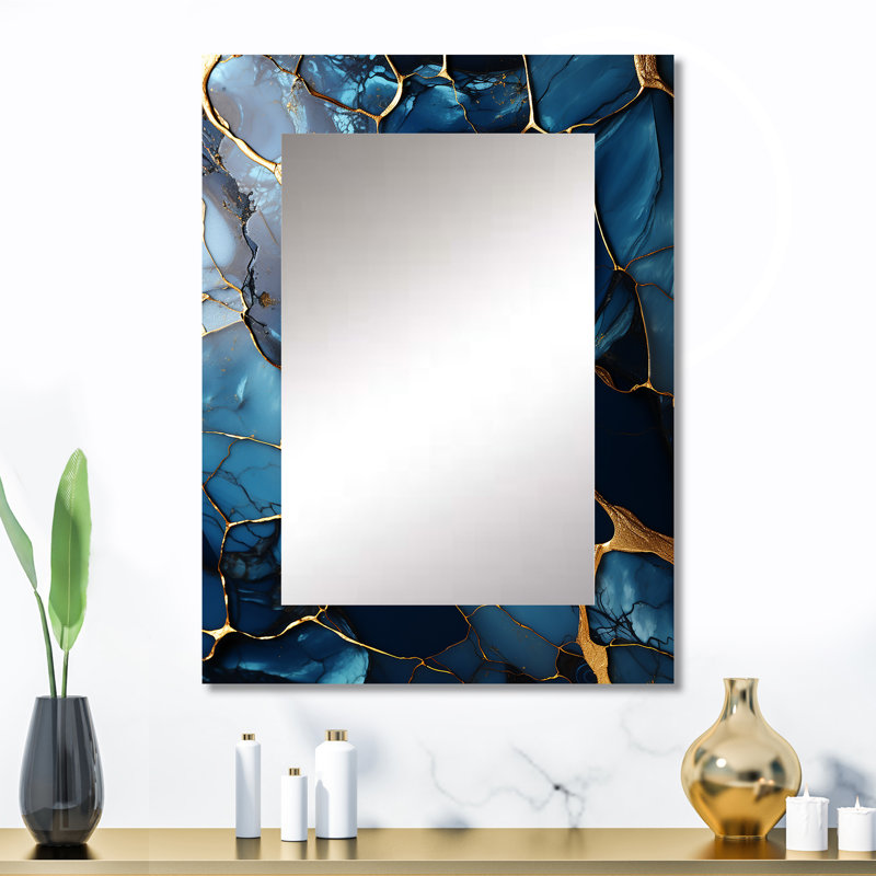 Or et saphir bleu marbre mosaïque V - miroir mural décoratif abstrait, miroir moderne, art imprimé en métal, 32 po x 24 po