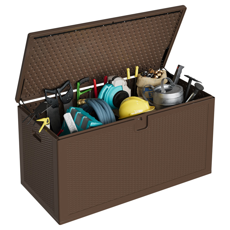 150 Gallon Large Resin Deck Box - Heavy Duty Waterproof & Weatherproof Outdoor Storage Bin - Lockable Lid, 800 LB Capacity, Portable Handles - Patio, Pool, Garden, Backyard Organizer - Brown
