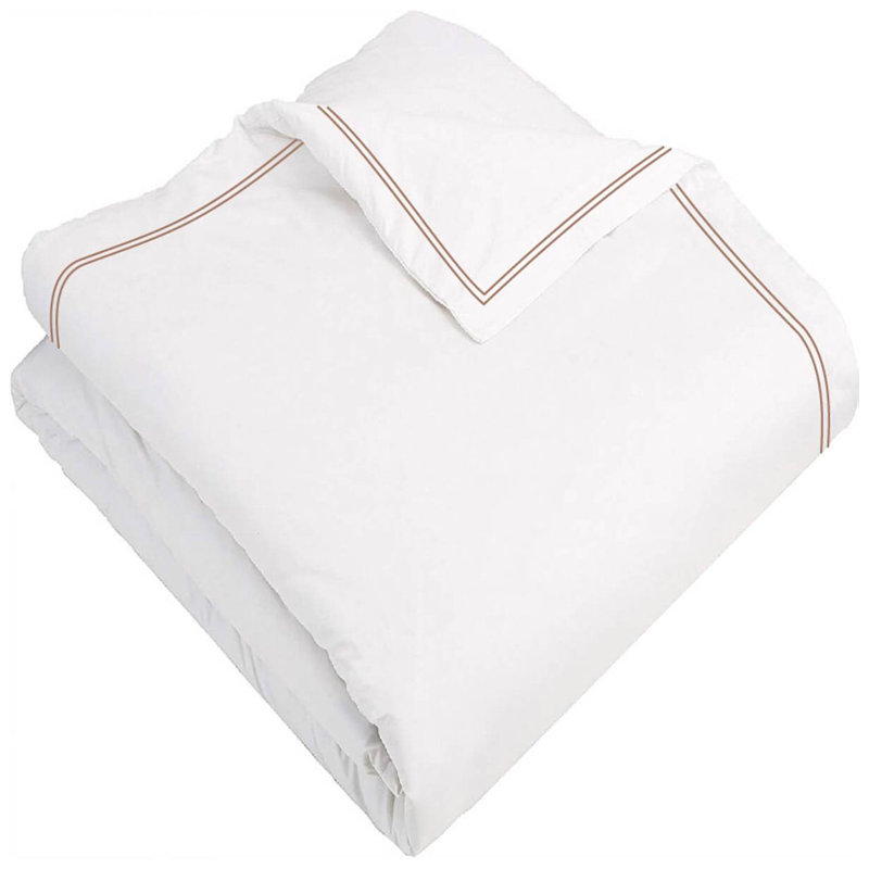 400TC Cotton Double Edge Embroidery Sateen Solid Duvet Cover Set OVERSIZE, Full/Queen Duvet Cover, White/Taupe