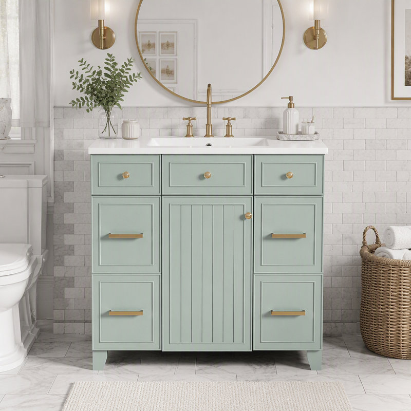 Meuble-lavabo double de 91 cm avec lavabo, armoire de rangement autoportante avec portes et tiroirs