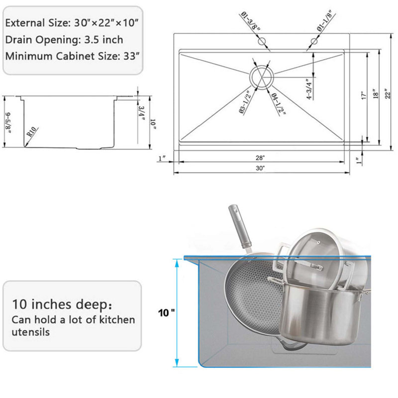 Évier de cuisine en acier inoxydable 30 po à 2 trous pour station de travail à simple cuve avec grille inférieure et crépine
