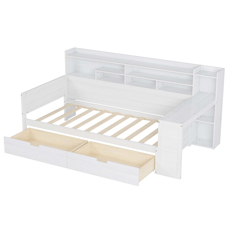 Wooden Daybed with Storage Shelves, Multi-functional Bed with Two Storage Drawers and Study Desk, Twin, Antique White