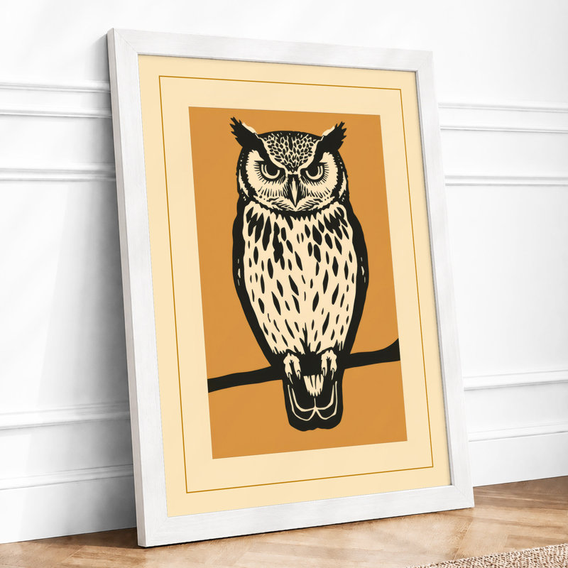 Watchful Owl Japandi - Framed Print, A4 - 29.7 x 21.0 cm, White