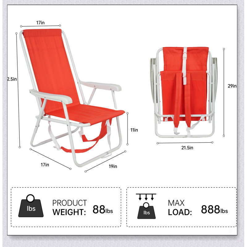 Chaise de plage à dos pour adultes avec capacité de 300 lb, structure en aluminium inclinable légère et sangles d'épaule rembourrées