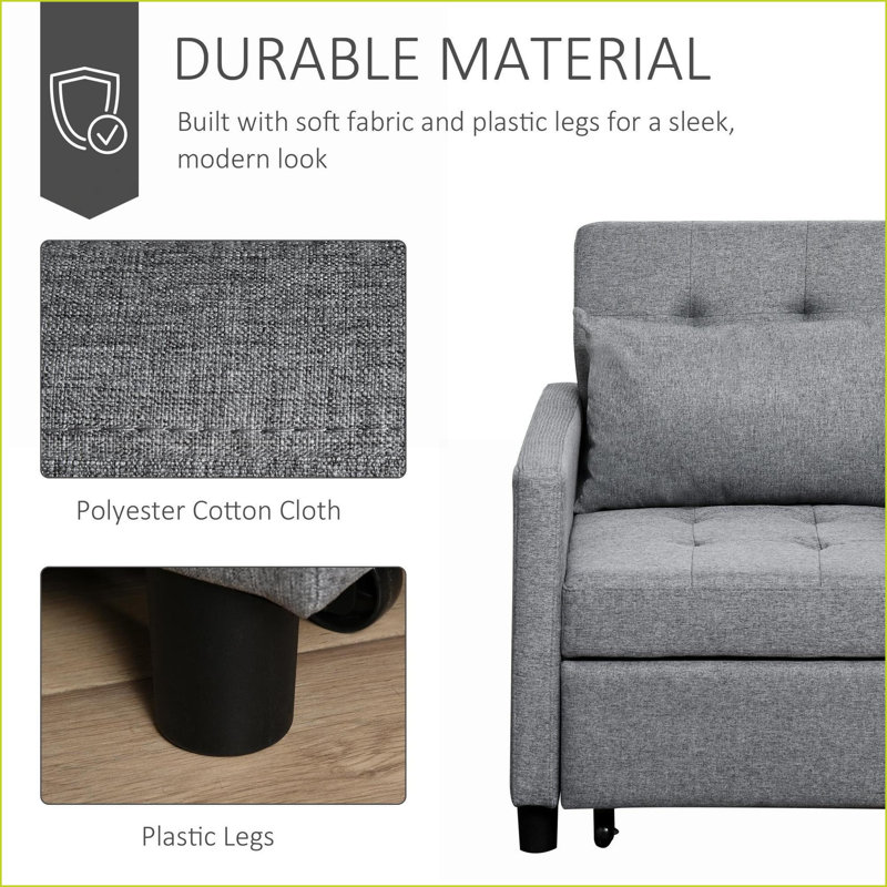 Sofas Convertible Sleeper with Adjustable Backrest, Tufted Fabric, Slate Gray | Grey | Plastic
