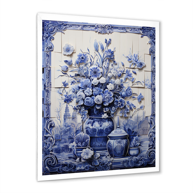 Art mural bleu et blanc Boho Flower Pottery II - Boho Pottery, H 32 po x l 24 po x P 1 po, Cadre photo blanc