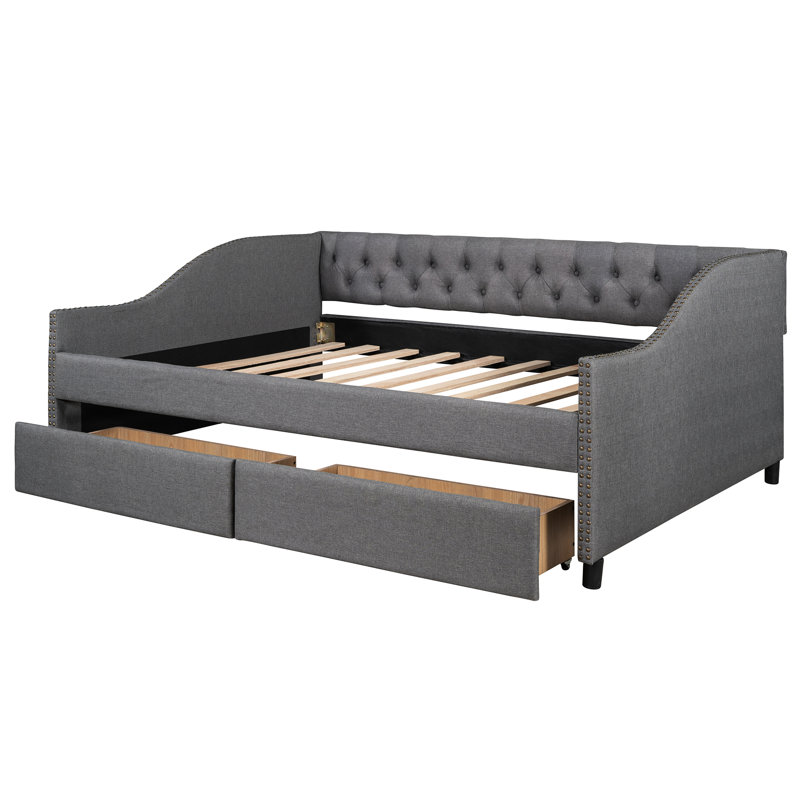 Upholstered Daybed With Two Drawers, Gray, Structure Build Base, Gray