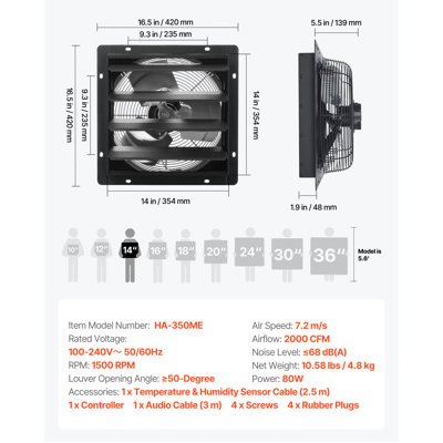 Ventilateur d'extraction mural à volets de 35,5 cm (14 pouces), débit d'air de 2000 pi³/min (58,7 L/min), avec programmation intelligente, vitesse variable et contrôle de température, moteur EC, minuterie, idéal pour la ventilation et le refroidissement des garages et des serres, noir.