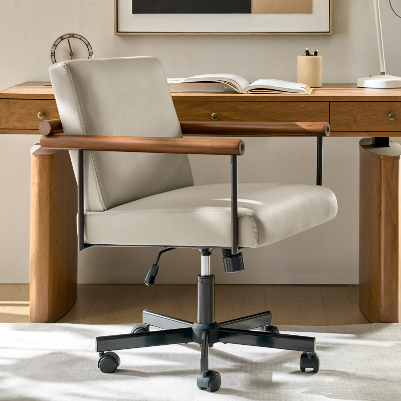 Avelina Rafael Modern Industrial PU Leather Upholstered Swivel Tilt Task Office Chair with Solid Wood Armrest, Tan