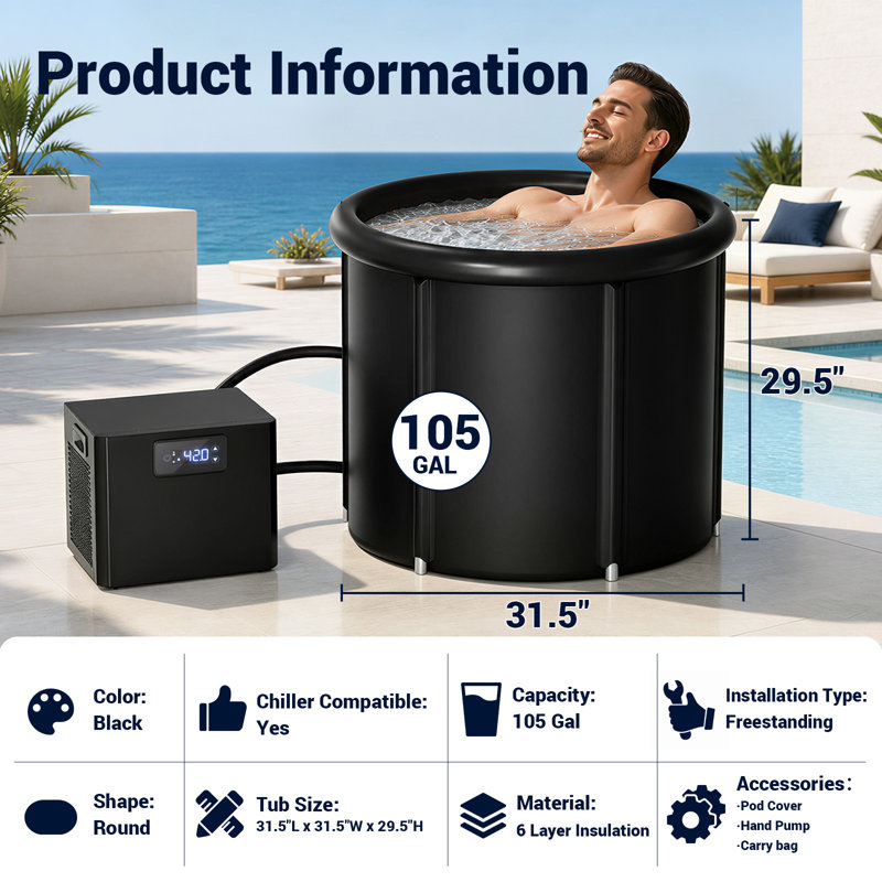 Baignoire à eau froide gonflable 105 gallons avec refroidisseur d'eau 1/3 HP, couvercle isolé et filtre lavable