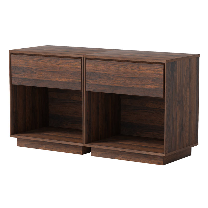 Nightstand, Wood End Side Table With Storage And Open Shelf, Set of 2, Brown